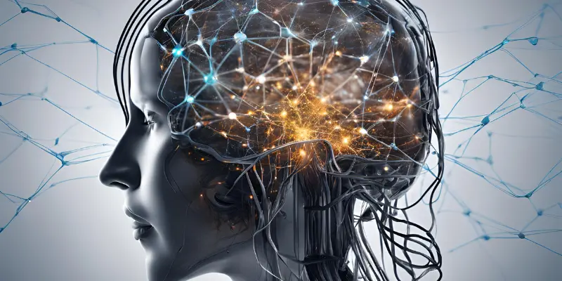 A glowing neural network with connected nodes, showcasing AI learning pathways