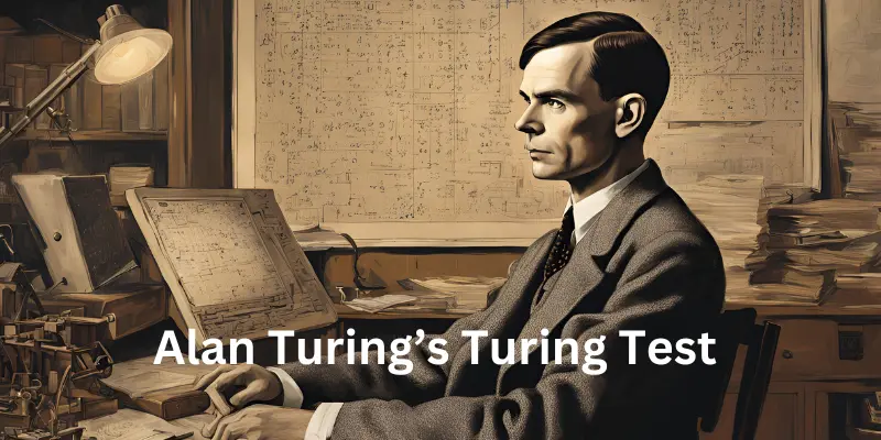 Portrait of Alan Turing with vintage computers, equations, and the Turing Test visualized