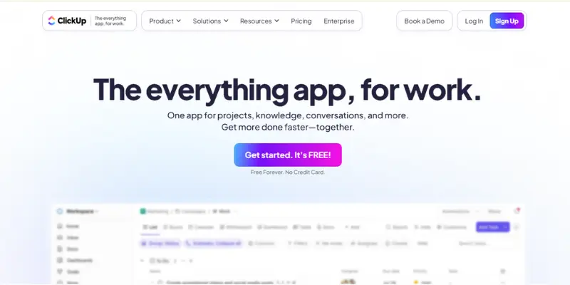 ClickUp interface showing task management features and AI-powered recommendations.