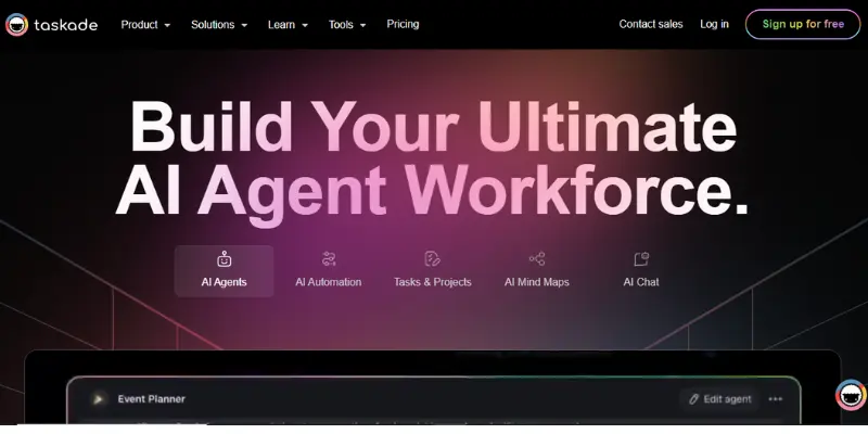 "Taskade interface showing a collaborative workspace for project management using AI technology.